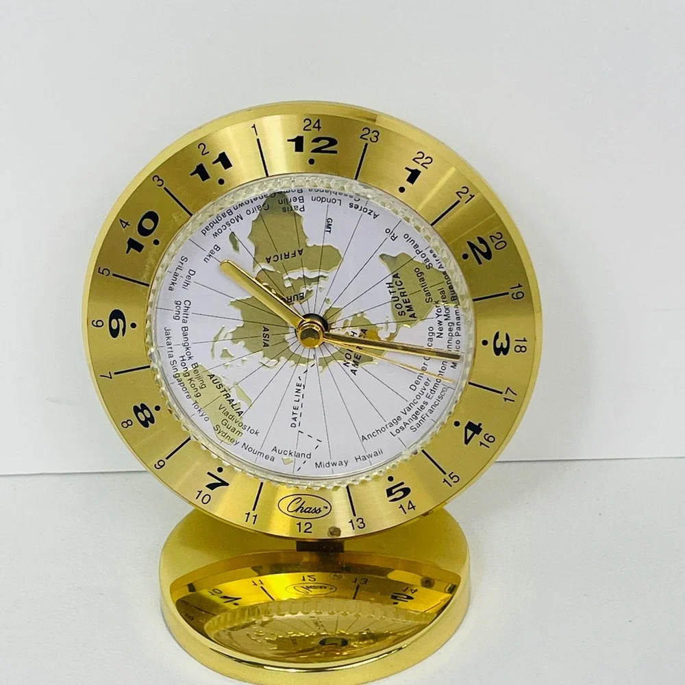 Chass World Time Desk Clock Gold Tone Professional Travel Executive For Parts